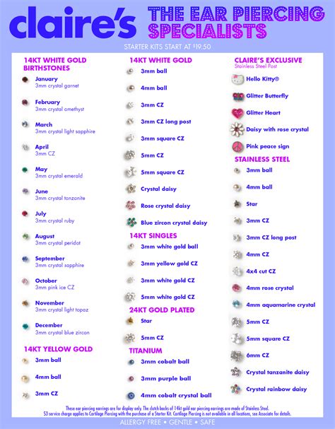 claires ear piercing|claire's ear piercing chart.